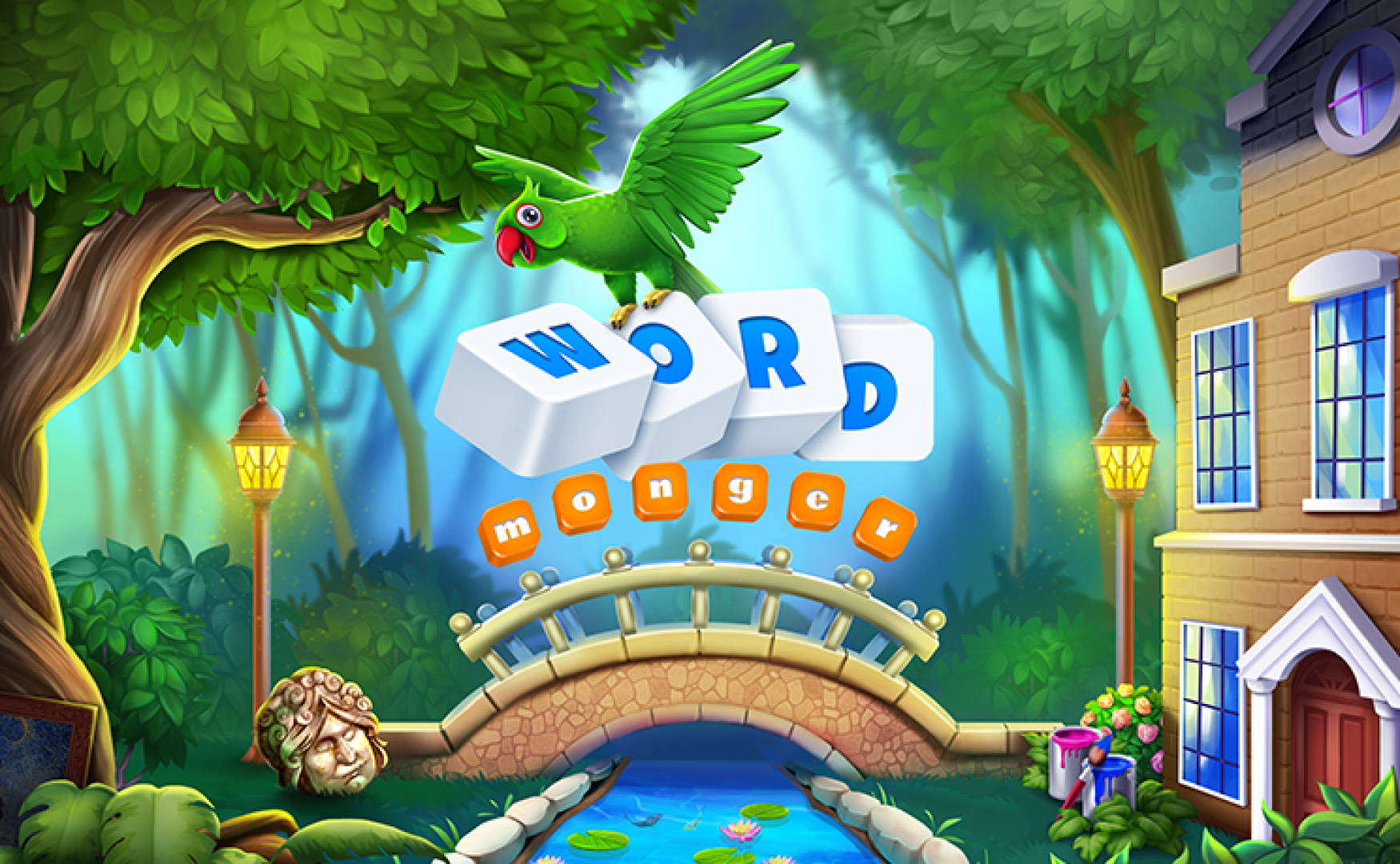 2D game art of colorful forest scene with stone bridge over a stream — illustration